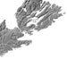 A grayscale topographic map showing Cape Breton Island, Sydney, and Bras d'Or Lake on a white background.