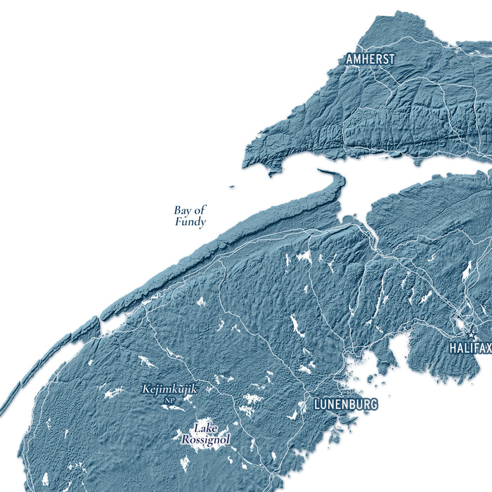 A stylized blue-gray relief map of Nova Scotia, with labeled places including Amherst, Bay of Fundy, Kejimkunk, Lake Rossignol, and Halifax on a white background.