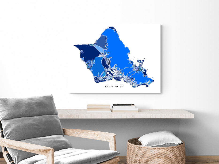 Oahu Hawaii map print in a blue shapes design by Maps As Art.