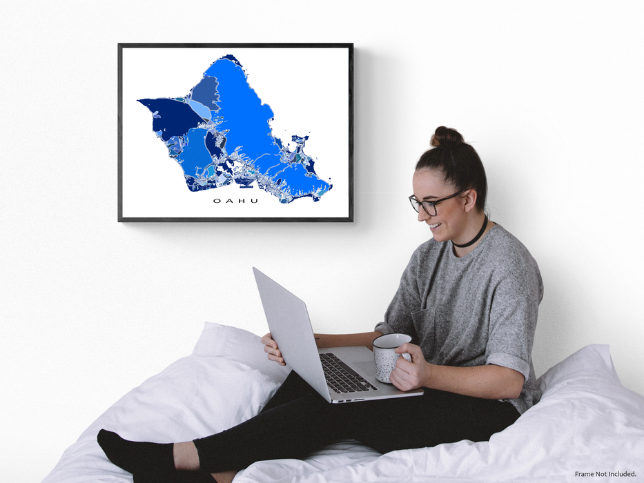 Oahu Hawaii map print in a blue shapes design by Maps As Art.