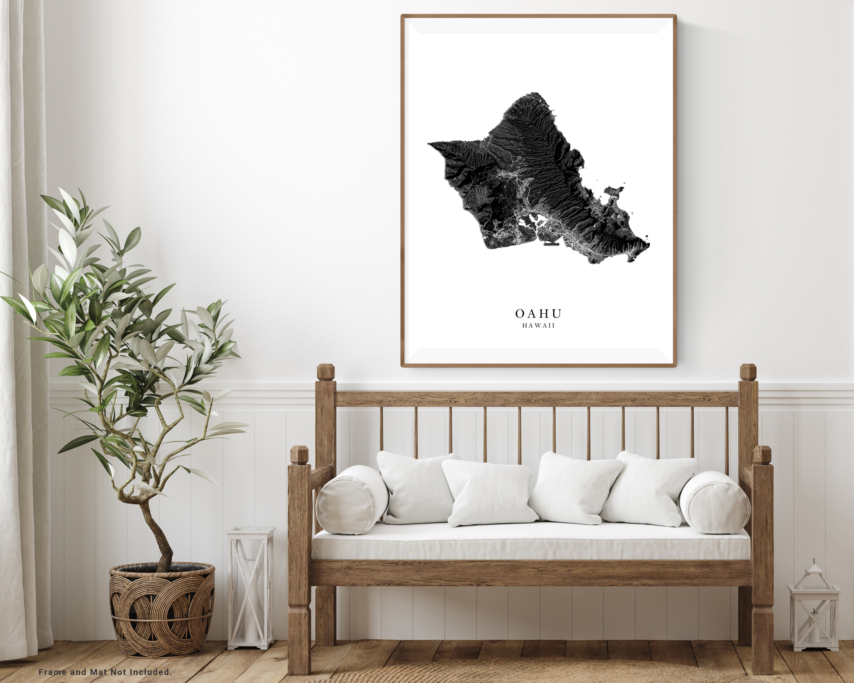 Oahu Hawaii Map Wall Art Print Poster, Black and White Topographic Haw ...