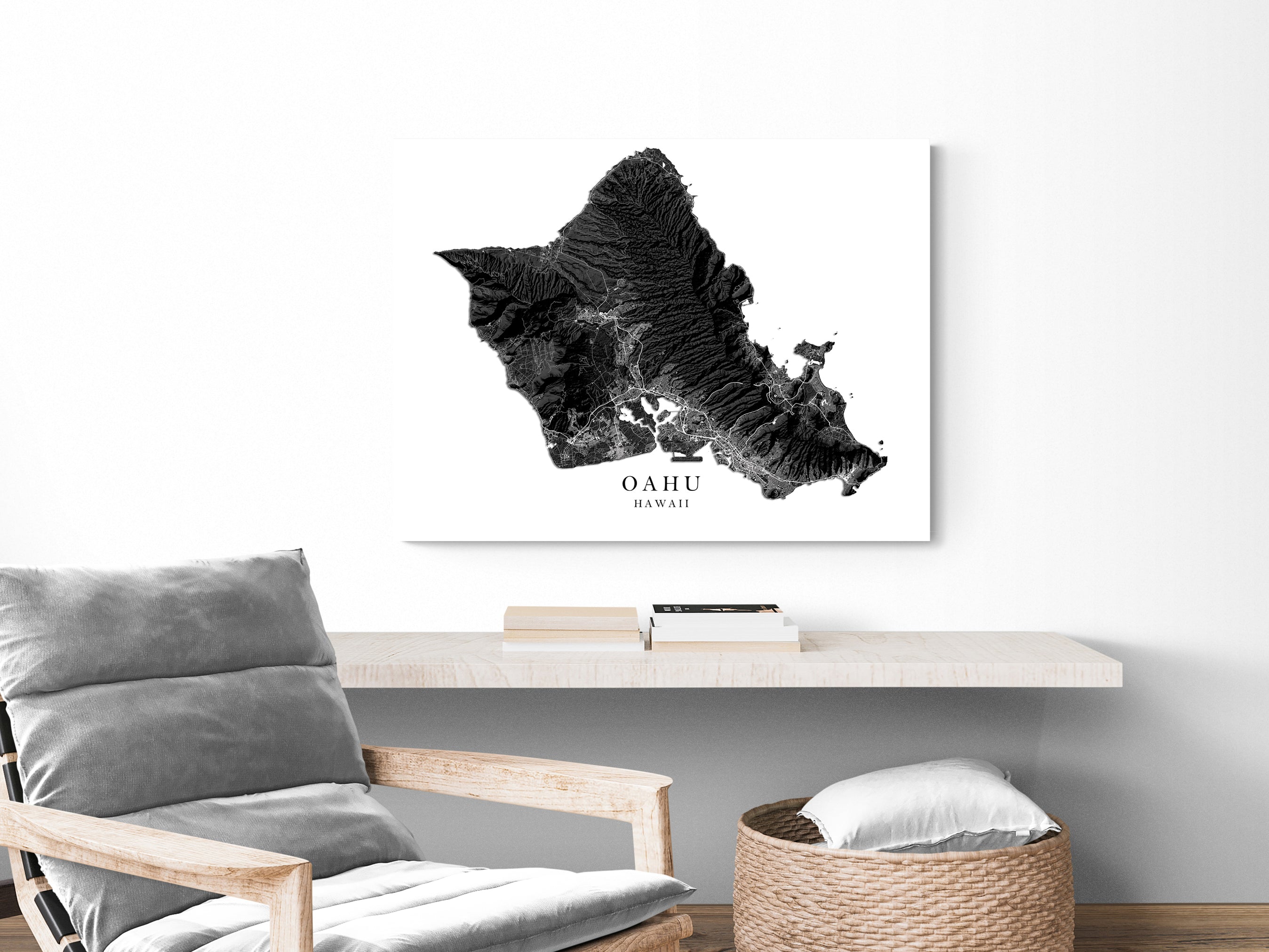 Oahu Hawaii Map Wall Art Print Poster, Black and White Topographic Haw ...