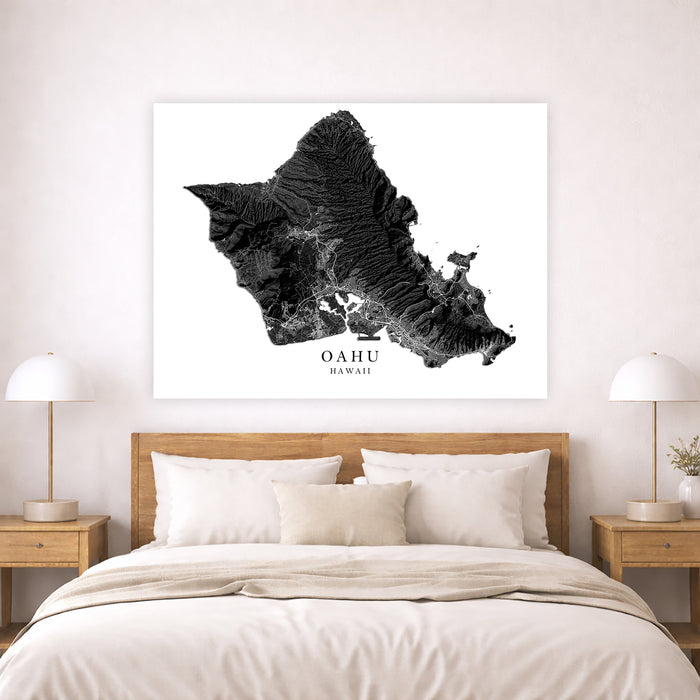 Oahu Hawaii Wall Art Print: Black & White Topographic Island Map Poster, Honolulu Waikiki North Shore