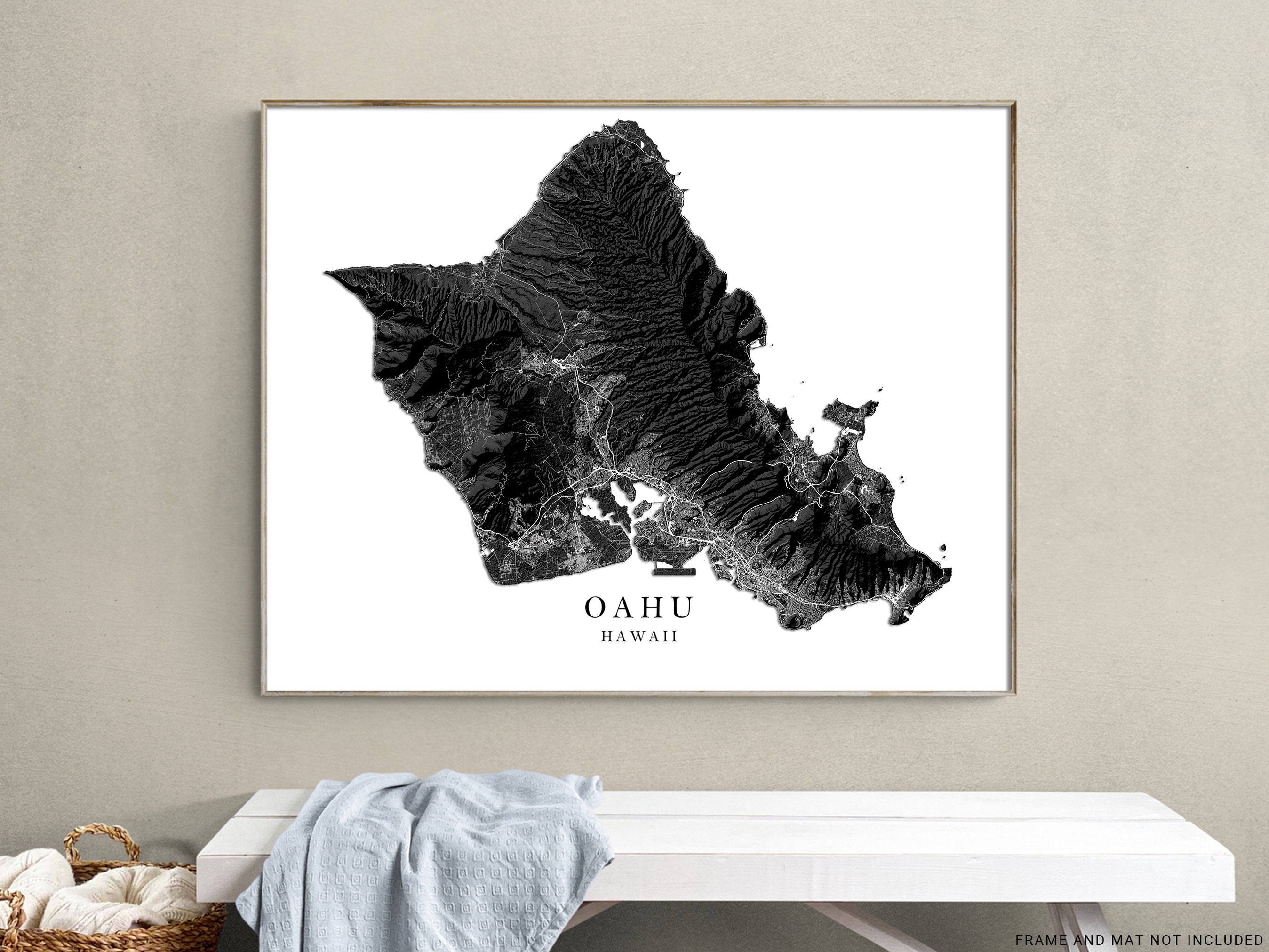 Oahu Hawaii Map Wall Art Print Poster, Black and White Topographic Haw ...