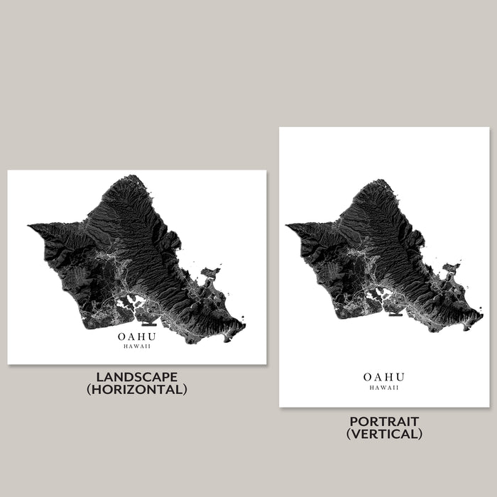 Two black and white maps of Oahu, Hawaii, one landscape and one portrait, on a gray background.