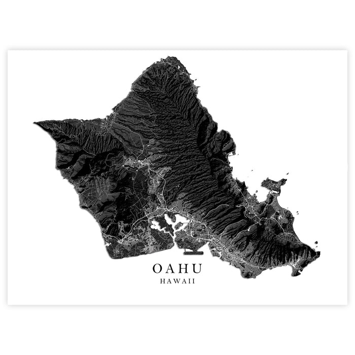 Map of Oahu, Hawaii in black and white on a white background