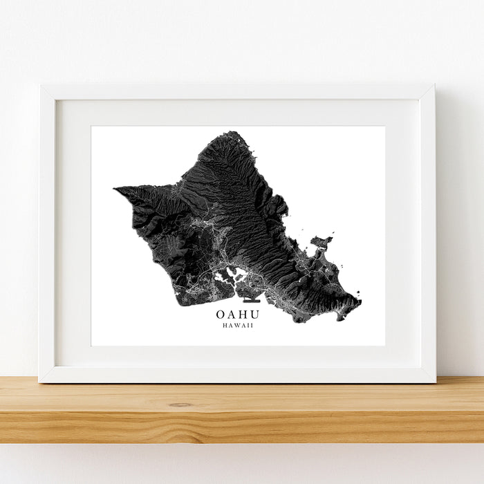 Framed map print of Oahu, Hawaii on a white background