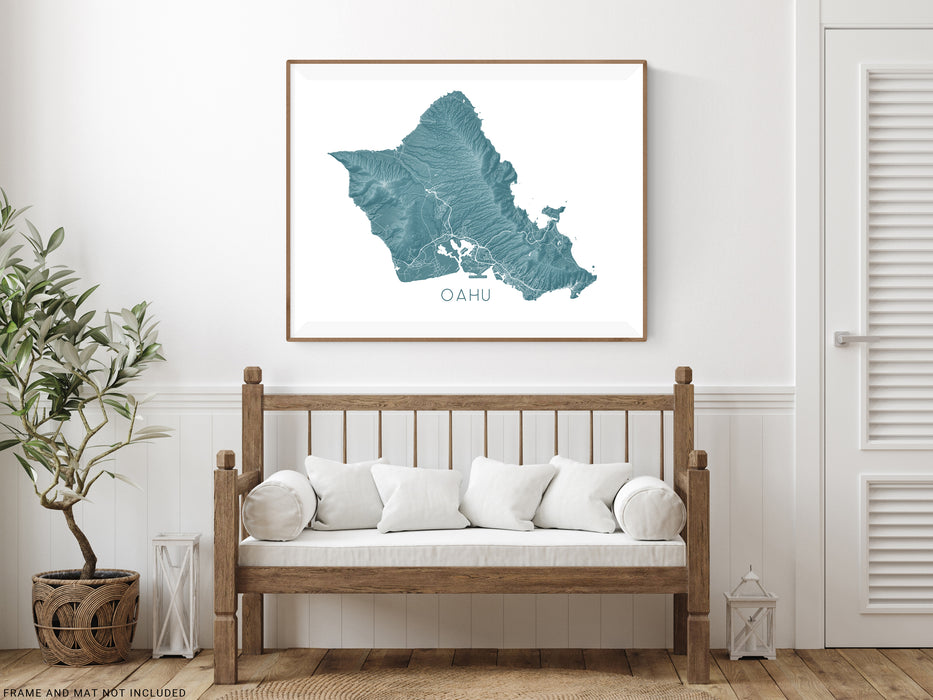 Oahu Hawaii map print with island roads and a topographic landscape design by Maps As Art.