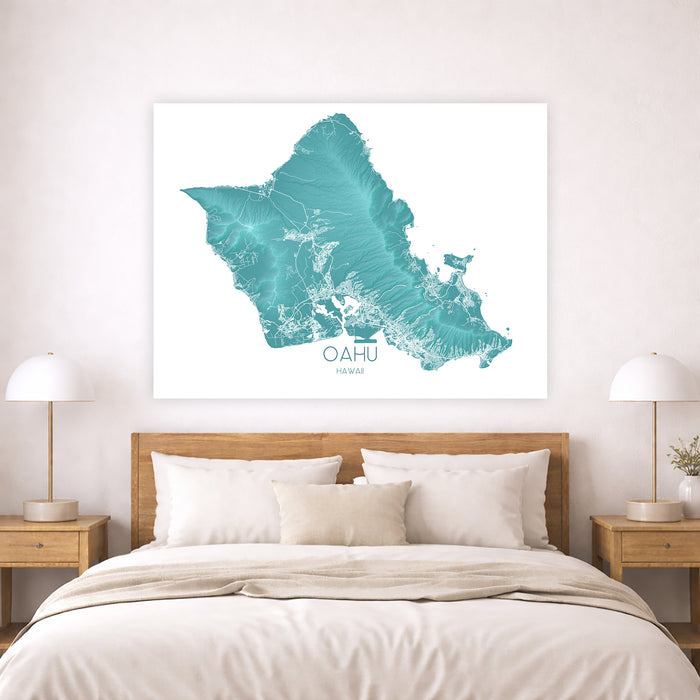 Map of Oahu, Hawaii on a wall above a bed in a bedroom.
