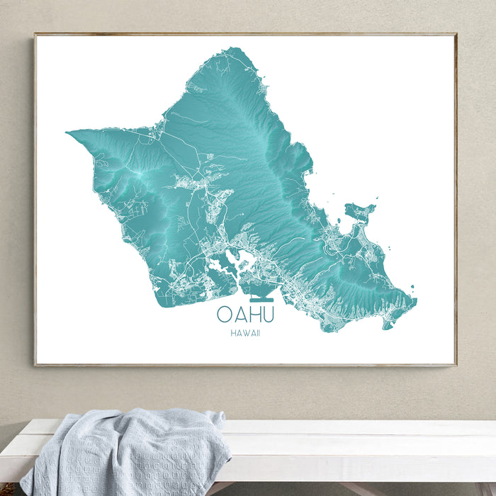 Framed map of Oahu, Hawaii on a wall above a bench.