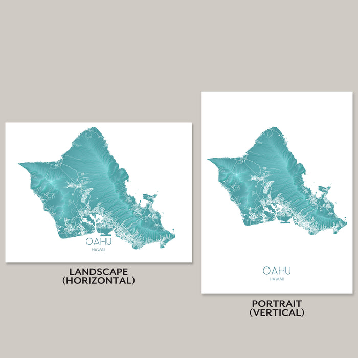 Two maps of Oahu, Hawaii, one in landscape and one in portrait orientation, on a gray background.