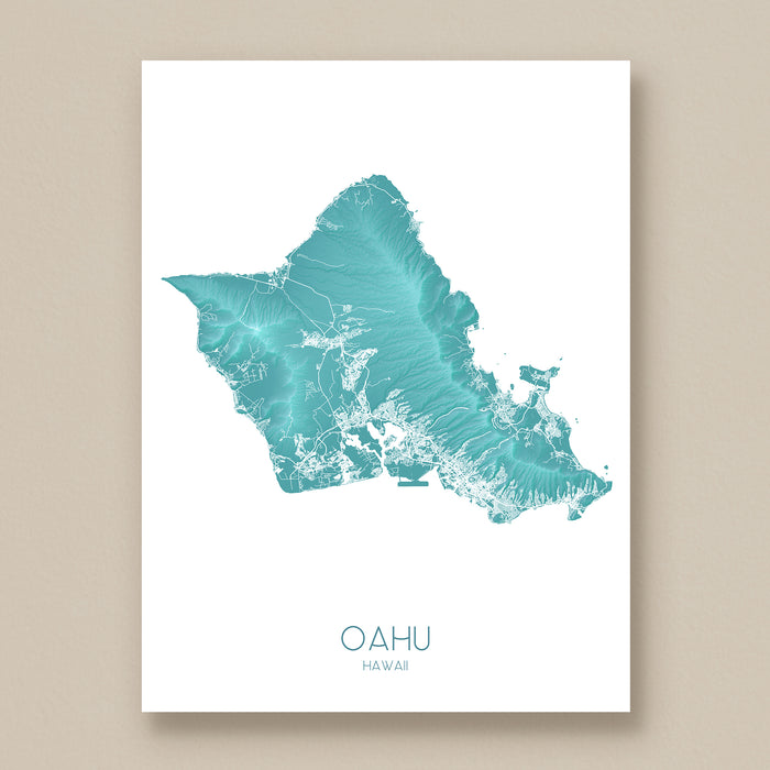 Map of Oahu, Hawaii in teal color on a white background