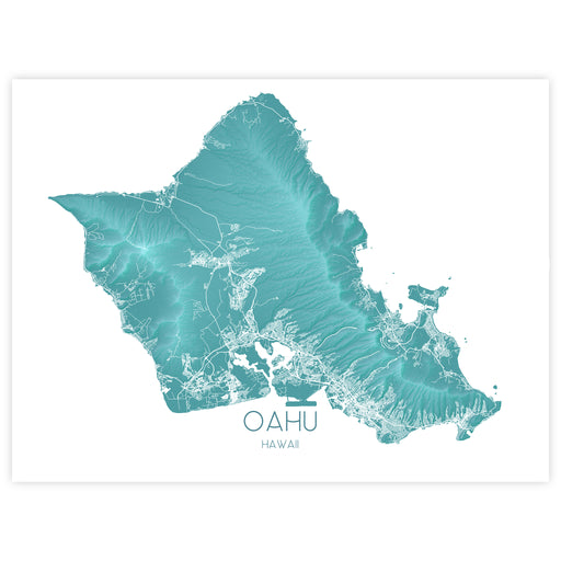 Map of Oahu, Hawaii in teal color on a white background