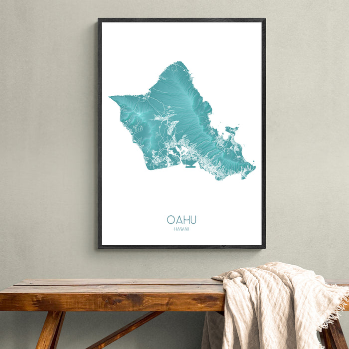 Oahu Hawaii Wall Art Print: Turquoise Hawaiian Islands Topographic Map Poster, Honolulu