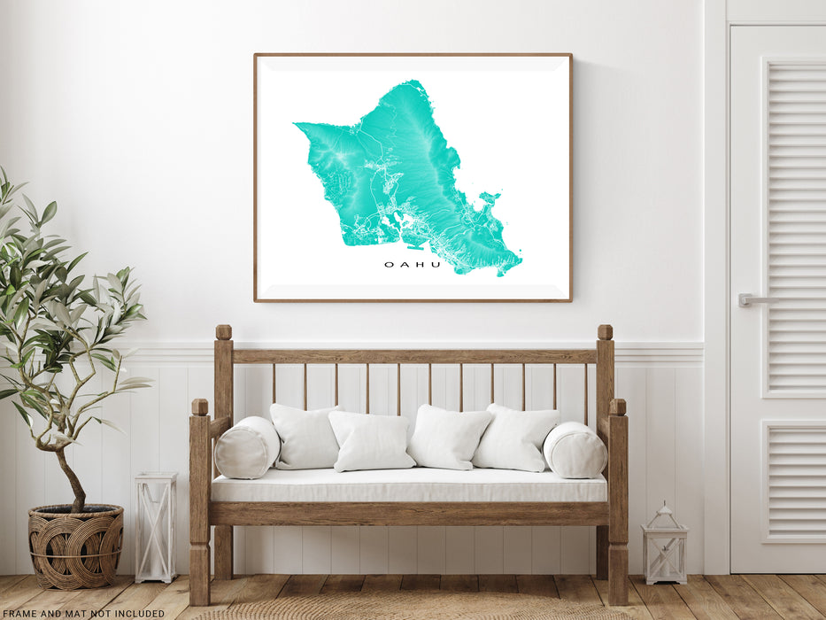 Oahu, Hawaii map print with natural island landscape and main roads designed by Maps As Art.