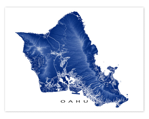 Oahu, Hawaii map print with natural island landscape and main roads designed by Maps As Art.