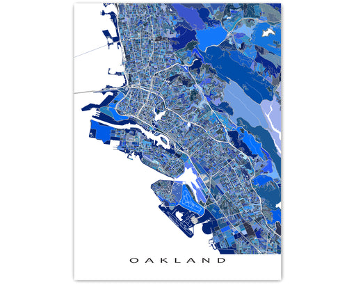 Oakland, California map art print in blue shapes designed by Maps As Art.