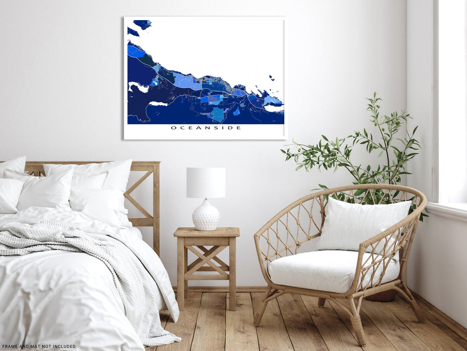 Oceanside, Vancouver Island BC Canada map print poster with a blue geometric design by Maps As Art.