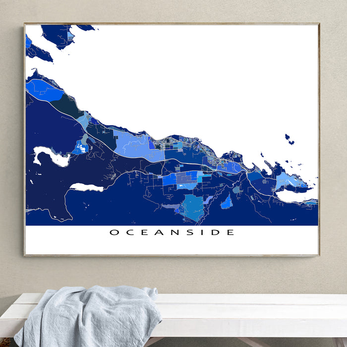 Oceanside Map Print: Blue Geometric Vancouver Island Wall Art Poster, Parksville Qualicum Beach Coombs