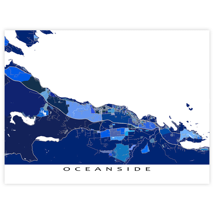 Oceanside Map Print: Blue Geometric Vancouver Island Wall Art Poster, Parksville Qualicum Beach Coombs
