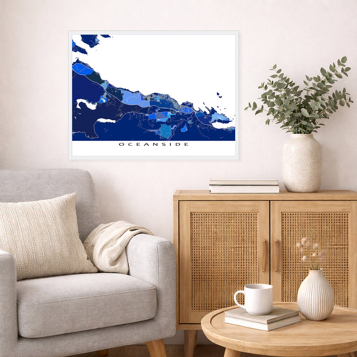 Oceanside Map Print: Blue Geometric Vancouver Island Wall Art Poster, Parksville Qualicum Beach Coombs