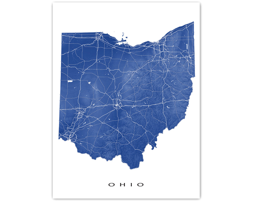 Ohio state map print with natural landscape and main roads designed by Maps As Art.