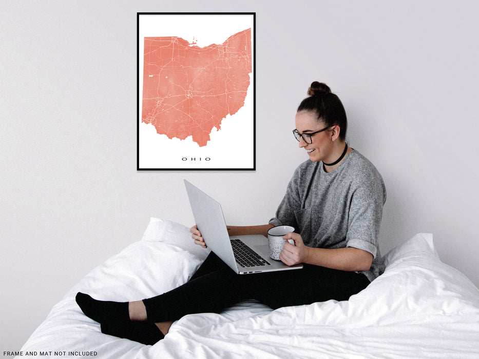 Ohio Map Wall Art Print Poster, Topographic OH State Road Maps for Home Decor, Cleveland