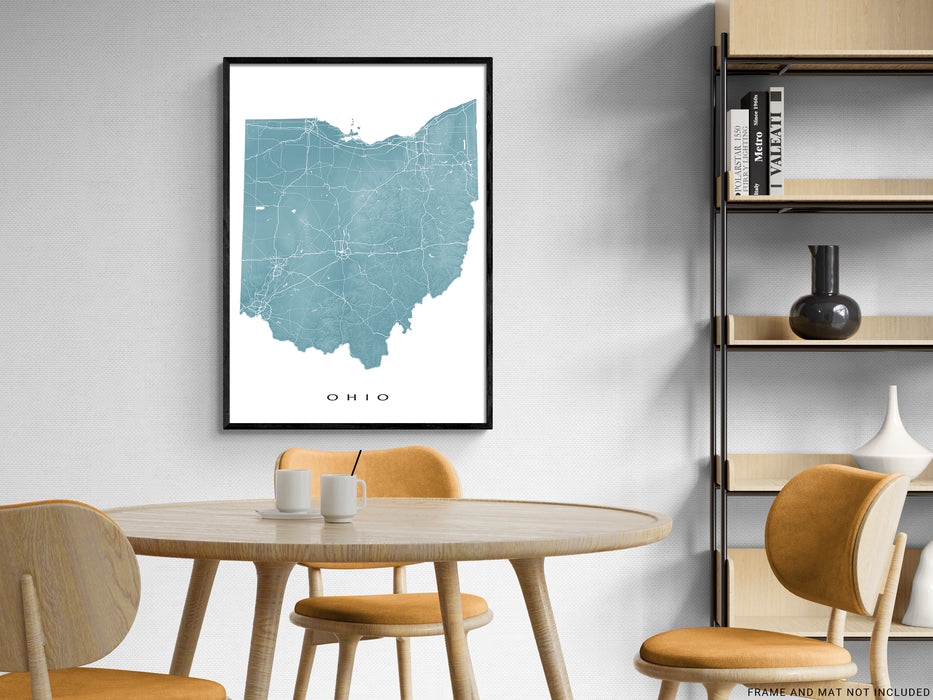 Ohio Map Wall Art Print Poster, Topographic OH State Road Maps for Home Decor, Cleveland