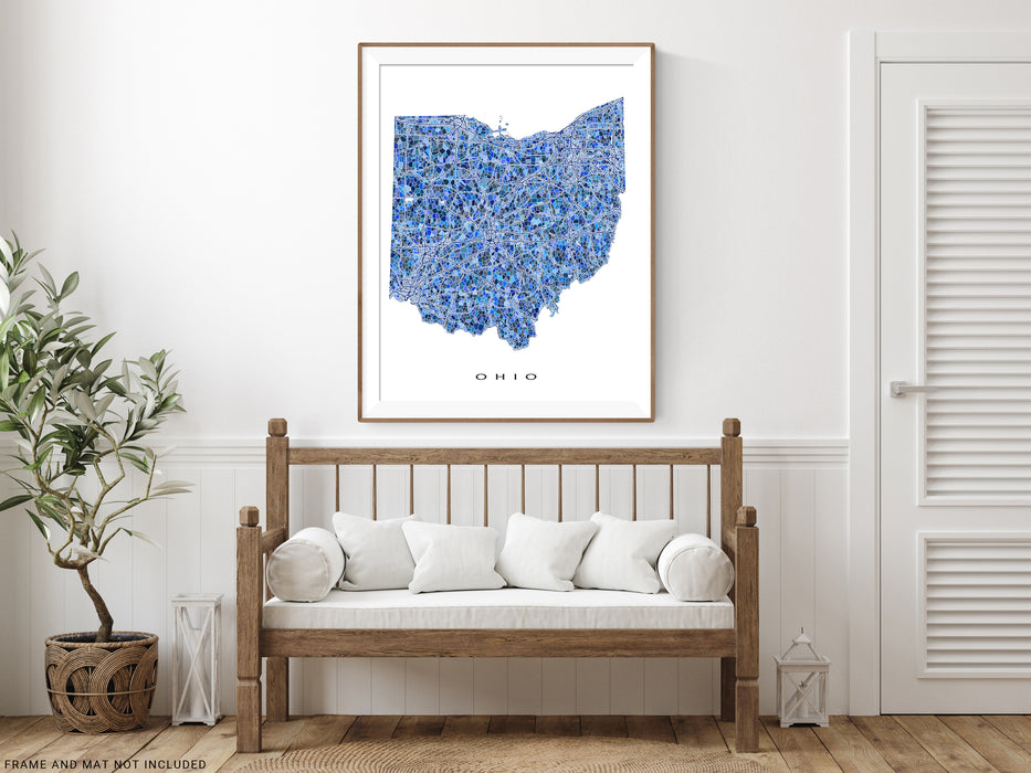 Ohio state map art print in blue shapes designed by Maps As Art.
