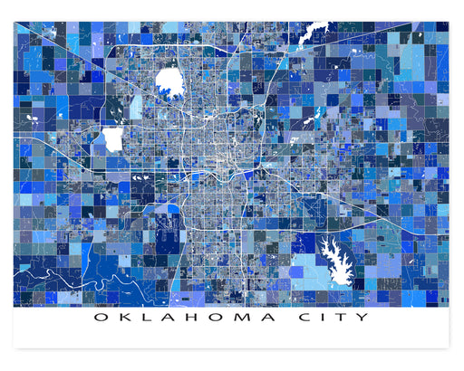 Oklahoma City map art print in blue shapes designed by Maps As Art.
