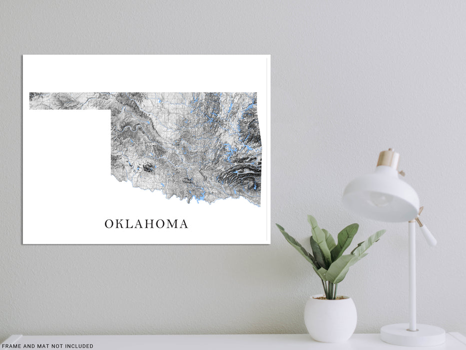 Oklahoma state map print with a black and white topographic landscape design by Maps As Art.
