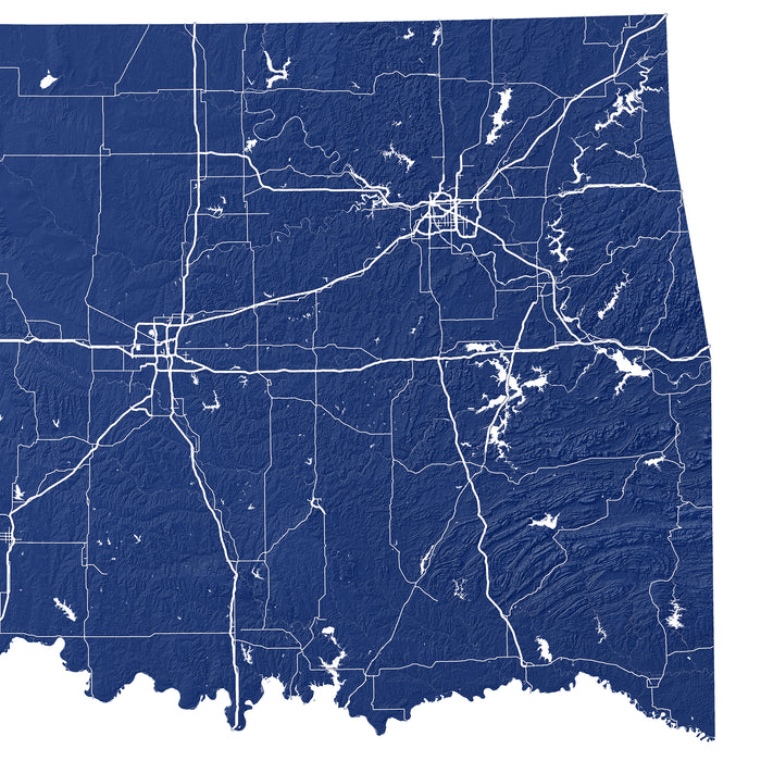 Topographic map of Oklahoma with white lines indicating roads or boundaries on a blue background