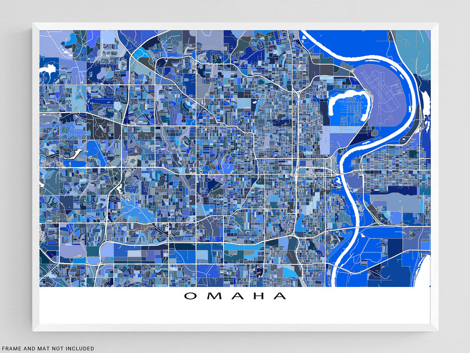 Omaha, Nebraska map art print in blue shapes designed by Maps As Art.