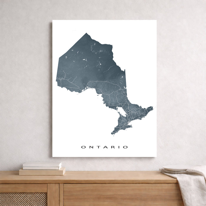 Map of Ontario on a white background, framed above a wooden surface.