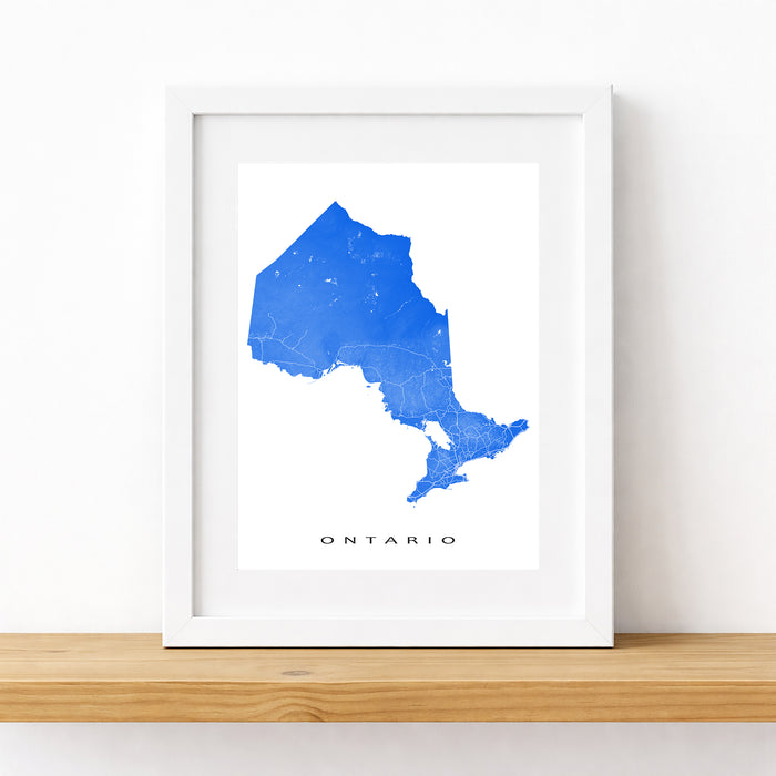 Framed map of Ontario in blue on a white background