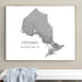 A framed monochrome Ontario map print hangs on a beige wall above a white bench with a light blue draped cloth. The print shows the outline of Ontario with labeled regions and the text 'ONTARIO' plus personalized names and date.