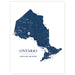 A minimalist map print of Ontario, Canada, featuring a dark navy blue silhouette of the province with white city names and a white background. The word 'ONTARIO' is printed in navy blue below the map, with placeholder text underneath.