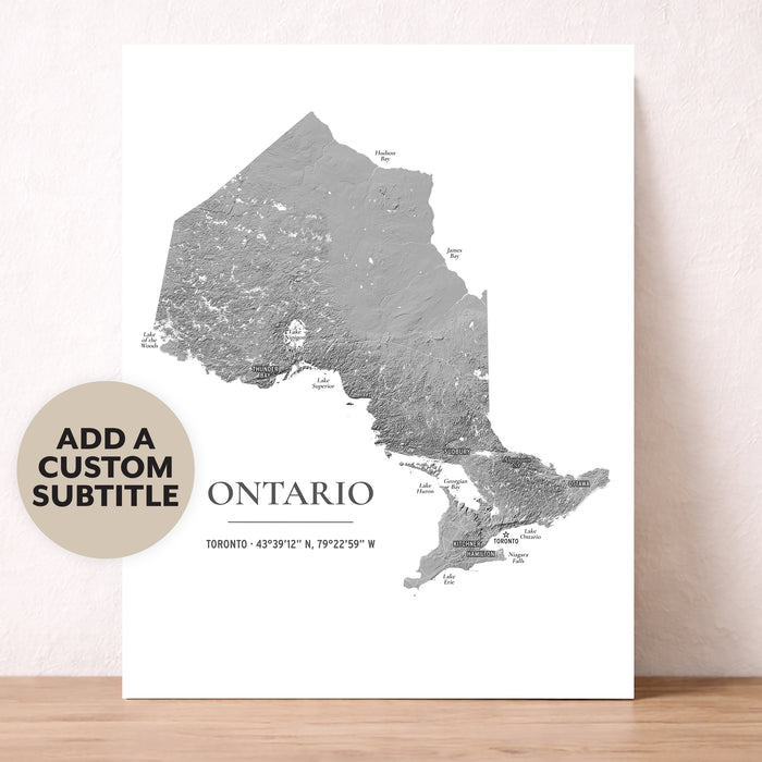 A white poster print featuring a gray shaded relief map of Ontario, Canada, with the word 'ONTARIO' and coordinates printed below. The poster is leaning against a light beige wall on a wooden surface, and a beige circular badge on the left says 'ADD A CUSTOM SUBTITLE'.
