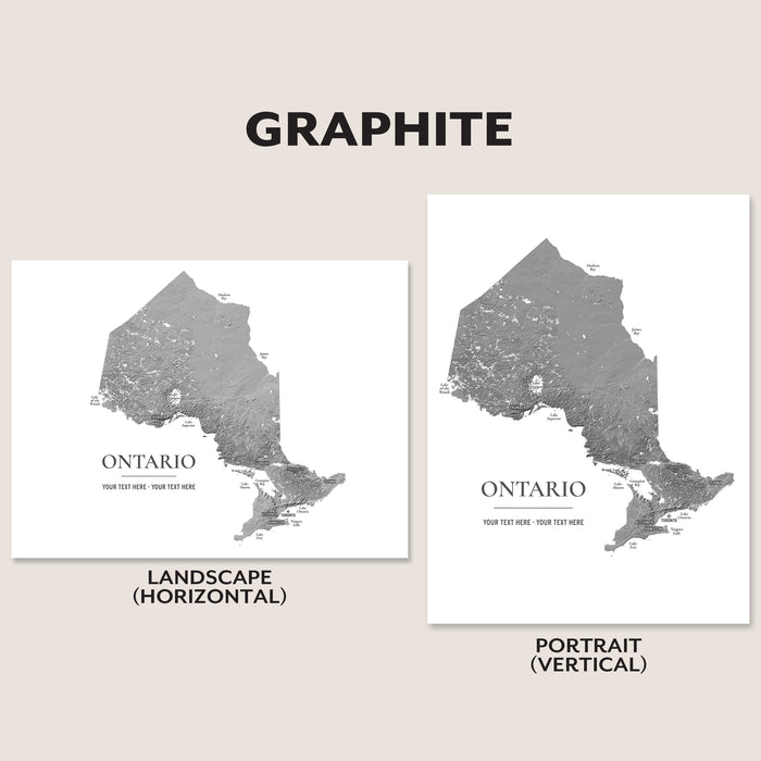 A product presentation showing two views of a graphite print of the map of Ontario, Canada. The left view shows the print in a landscape orientation, and the right view shows it in a portrait orientation.
