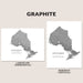 A product presentation showing two views of a graphite print of the map of Ontario, Canada. The left view shows the print in a landscape orientation, and the right view shows it in a portrait orientation.