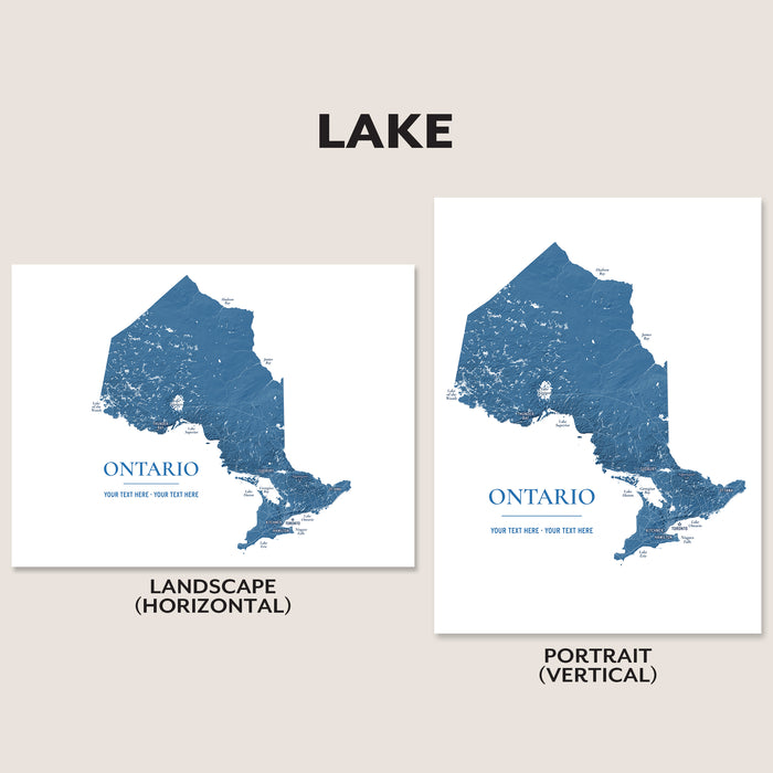 Two map-style art prints of Ontario, Canada, shown side by side on a beige background. The left print is labeled Landscape (Horizontal) and the right print is labeled Portrait (Vertical).