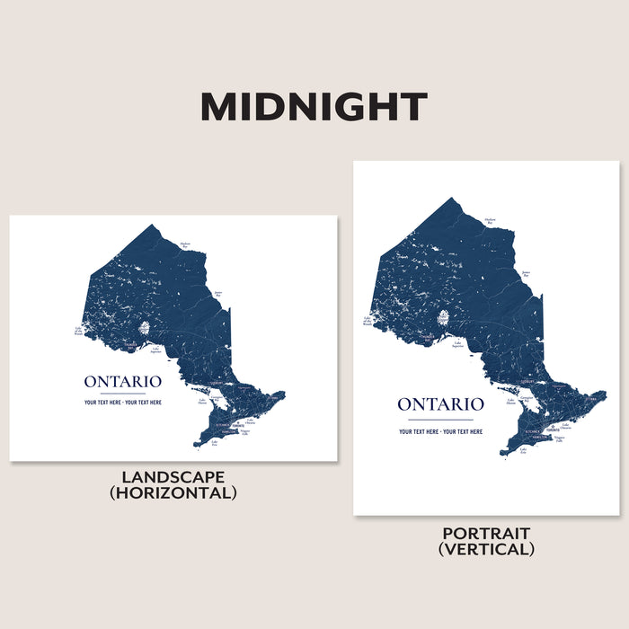Two map art prints of Ontario, Canada, shown in landscape and portrait orientations on a beige background with the title 'MIDNIGHT'. The maps are dark navy blue with white details, and the text 'ONTARIO' is printed below the map.