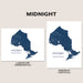 Two map art prints of Ontario, Canada, shown in landscape and portrait orientations on a beige background with the title 'MIDNIGHT'. The maps are dark navy blue with white details, and the text 'ONTARIO' is printed below the map.