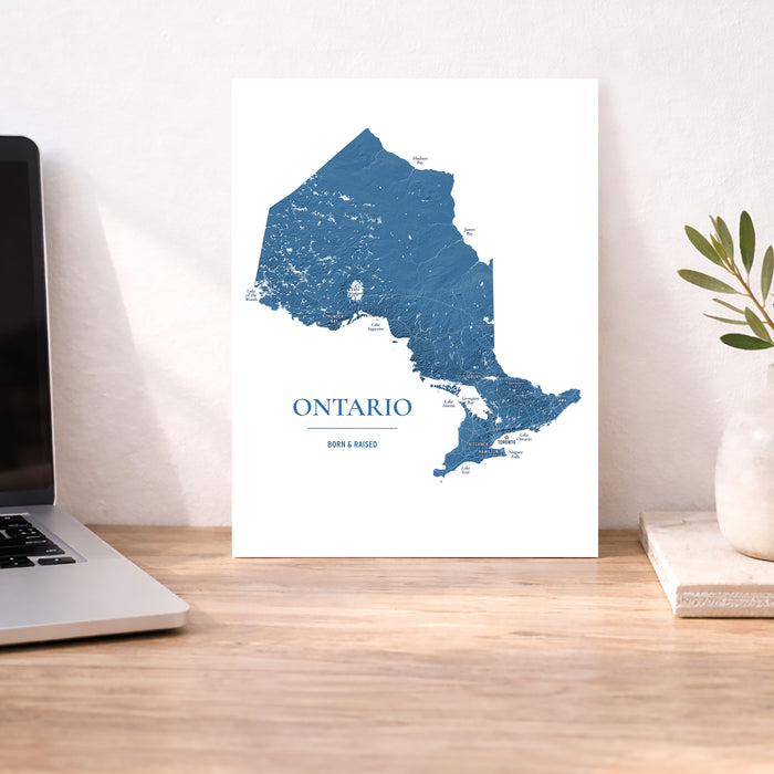 A vertical white art print featuring a blue map of Ontario, Canada, styled on a wooden desk next to a laptop and a small potted plant.