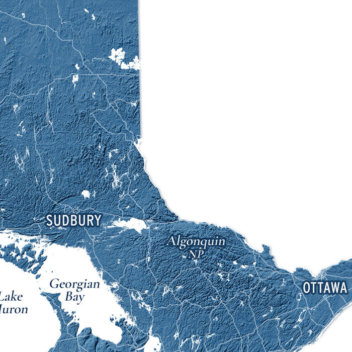A blue and white topographic map of Ontario, Canada, showing labeled regions including Sudbury and Ottawa, with Lake Huron on the left.