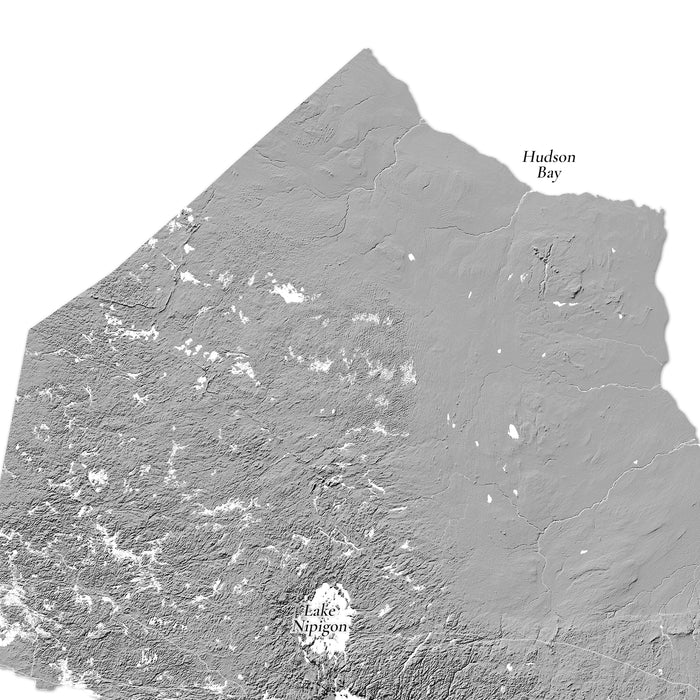 A grayscale topographic map-style graphic showing a landmass with labeled text reading 'Hudson Bay' near the upper right and 'Lake Nipigon' near the lower center, on a white background.