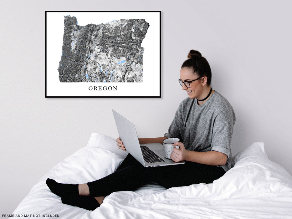 Oregon state map print with a black and white topographic landscape design by Maps As Art.