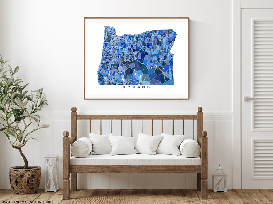Oregon state map art print in blue shapes designed by Maps As Art.