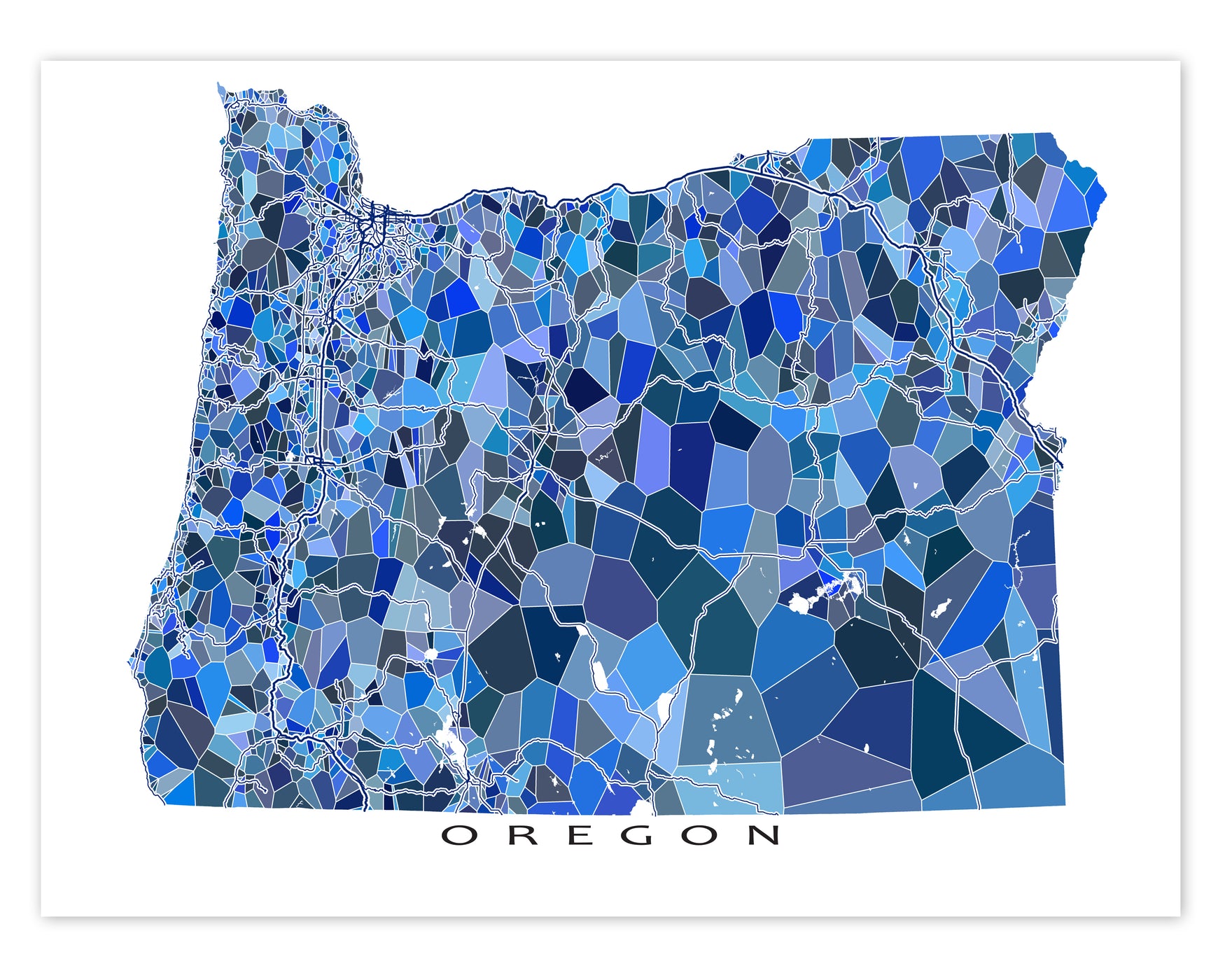 Oregon State Map Wall Art Print Poster: Blue Geometric OR Road Maps, P ...