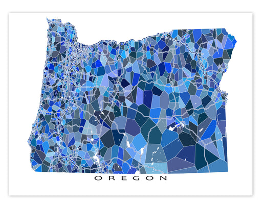 Oregon state map art print in blue shapes designed by Maps As Art.